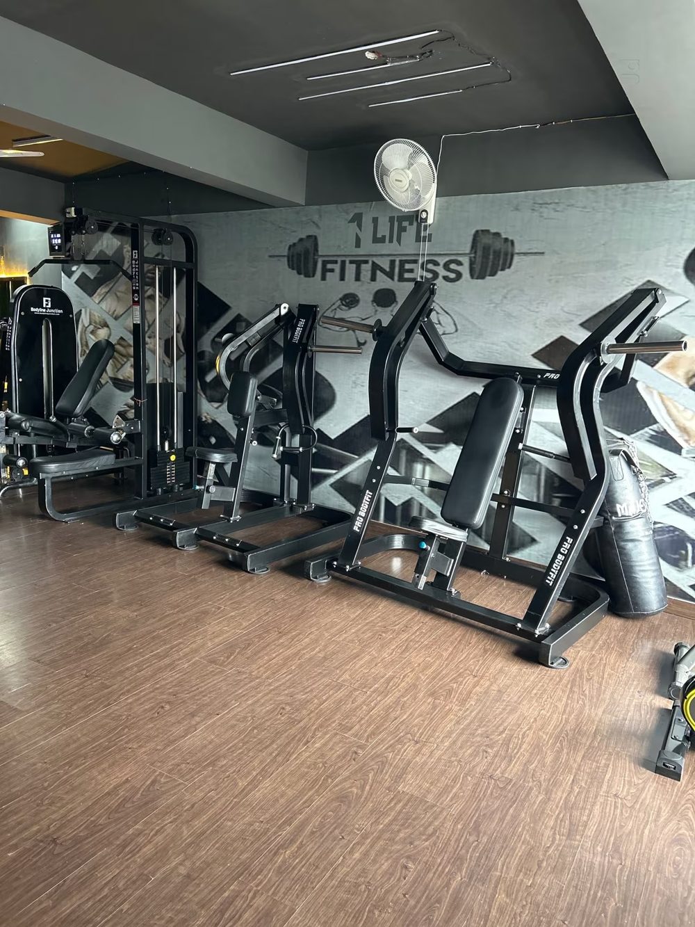 Plate-loaded machines beside the 1 Life Fitness wall logo